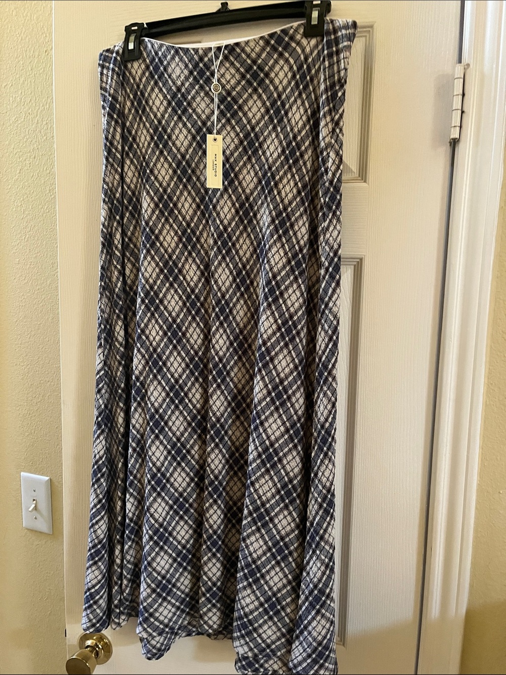 Max Studio Navy, Cream And Brown Plaid Maxi Skirt
